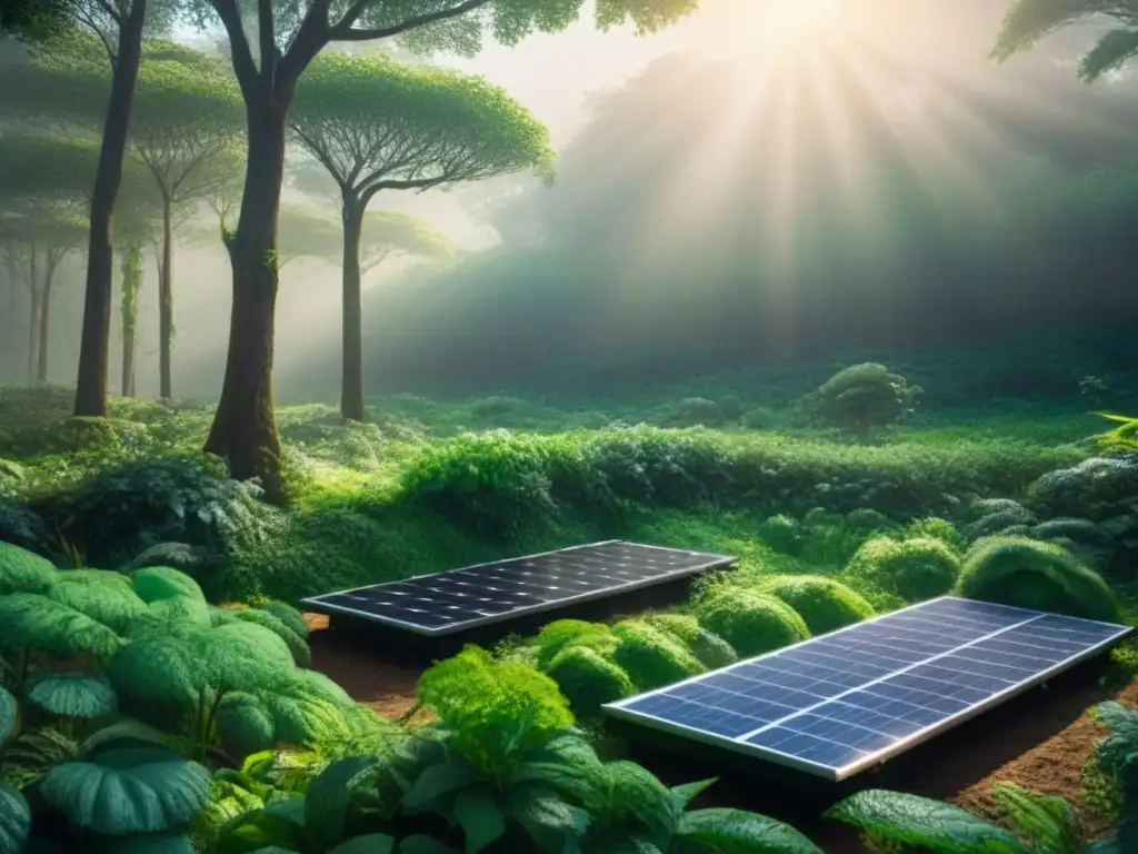 Un bosque exuberante con paneles solares integrados, simbolizando la armonía entre energía renovable y biodiversidad