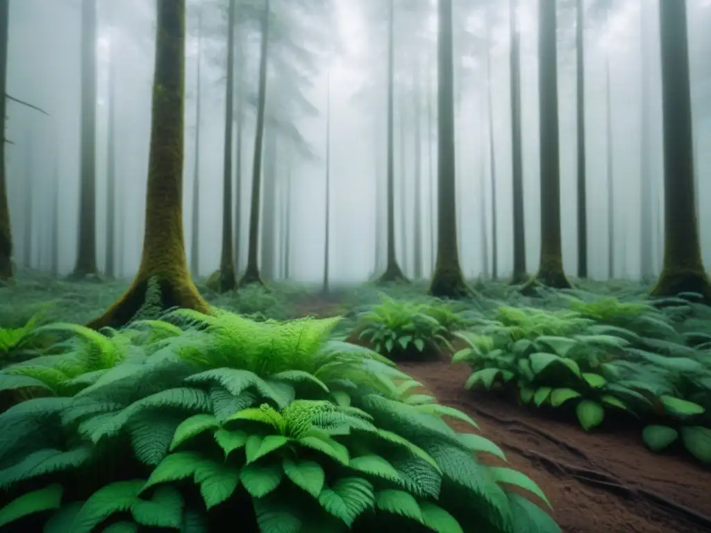 Un bosque exuberante con raíces entrelazadas, reflejando el impacto de actividades humanas en ciclos de nutrientes