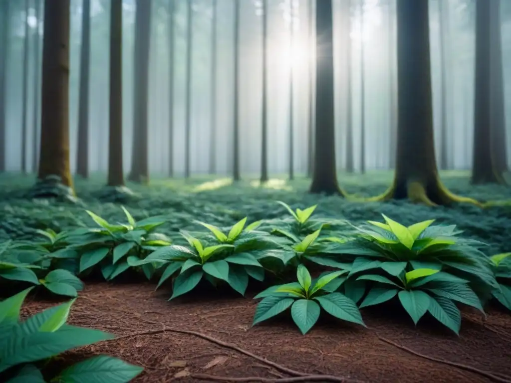 Un bosque exuberante con rayos de sol filtrándose entre las hojas, creando sombras moteadas