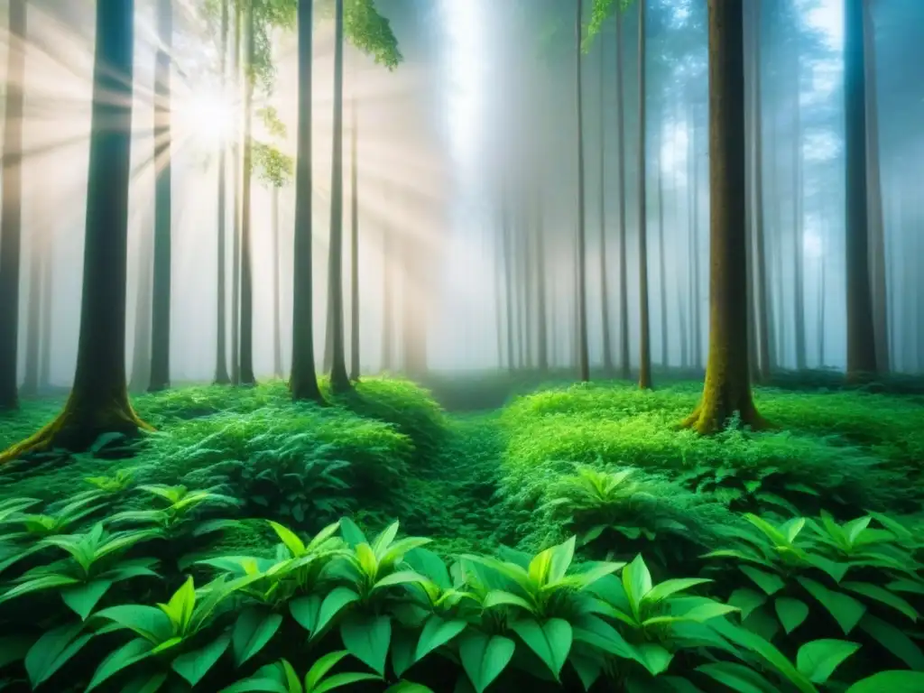 Un bosque exuberante con rayos de sol filtrándose entre el dosel, destacando los verdes vibrantes