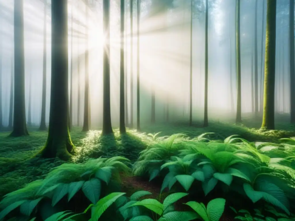 Un bosque exuberante con rayos de sol filtrándose entre las hojas, resaltando la belleza y tranquilidad de campañas de moda sostenible