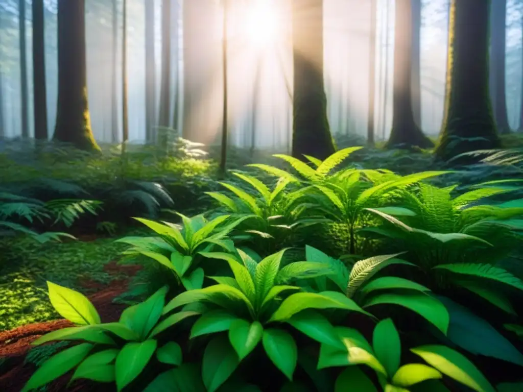 Un bosque exuberante con rayos de sol filtrándose a través de las hojas, mostrando la biodiversidad y los beneficios panelares solares