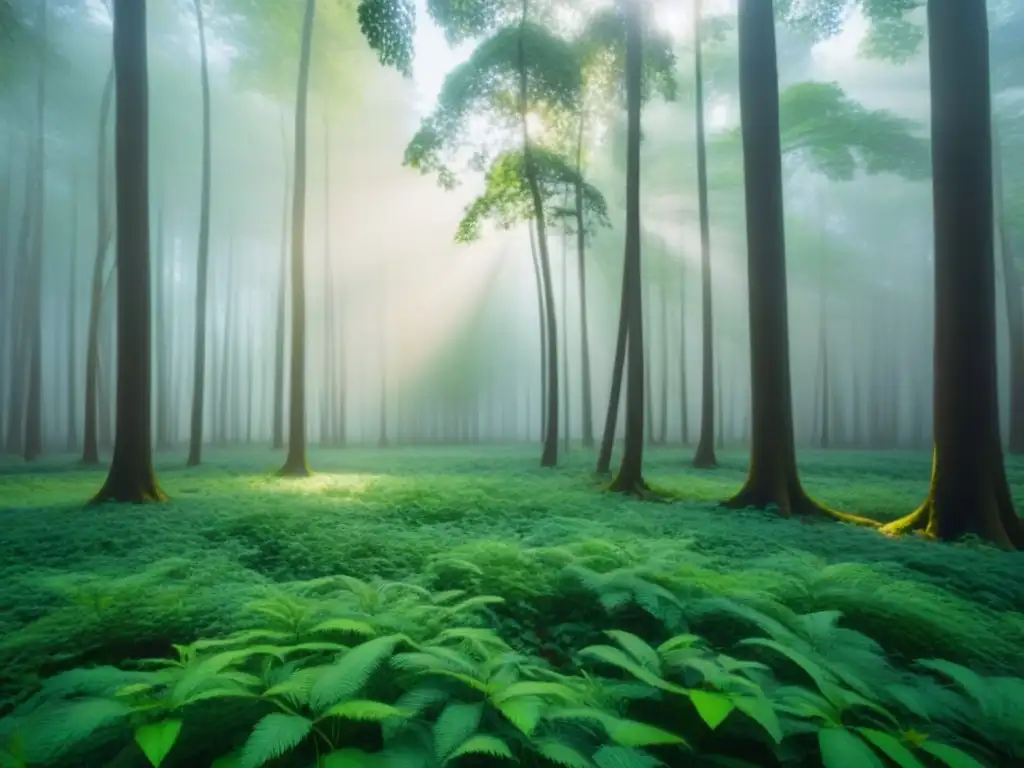 Un bosque exuberante con rayos de sol filtrándose entre las hojas, transmitiendo calma y sostenibilidad