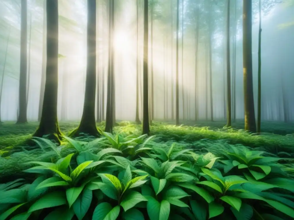 Un bosque exuberante con rayos de sol filtrándose entre las hojas, creando patrones en el suelo