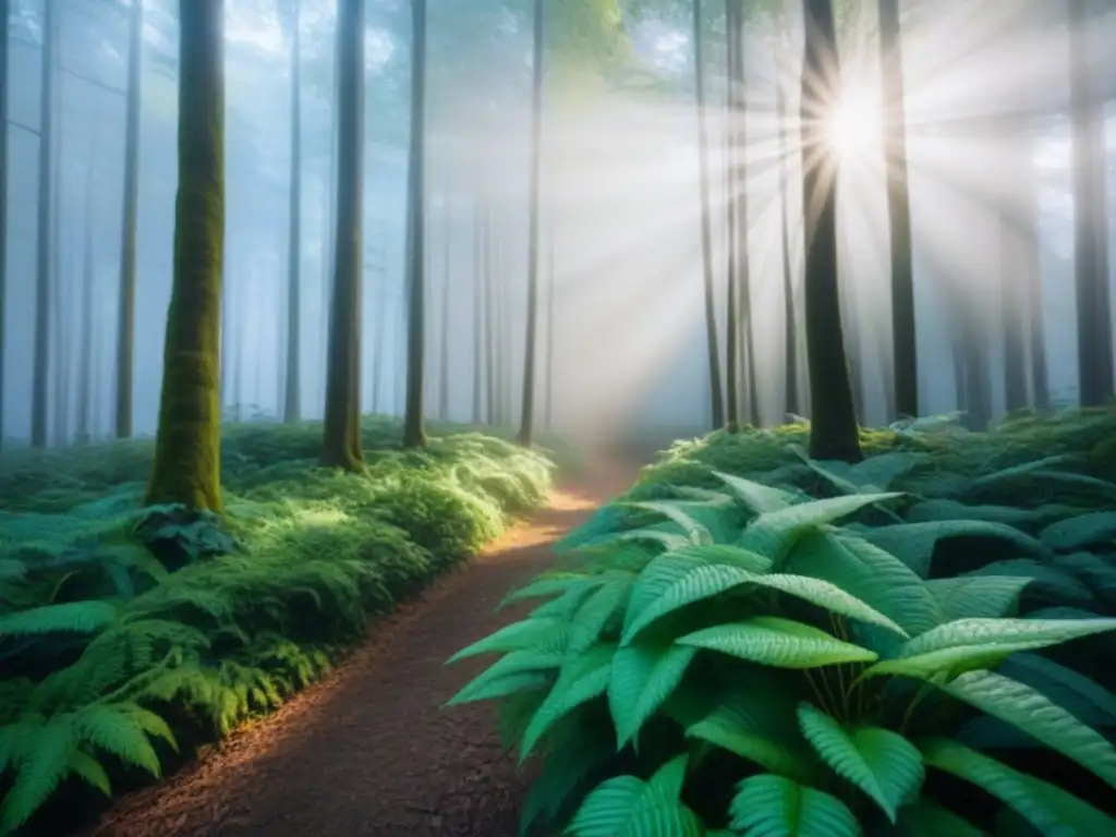 Un bosque exuberante con rayos de sol filtrándose entre las hojas, resaltando la belleza natural