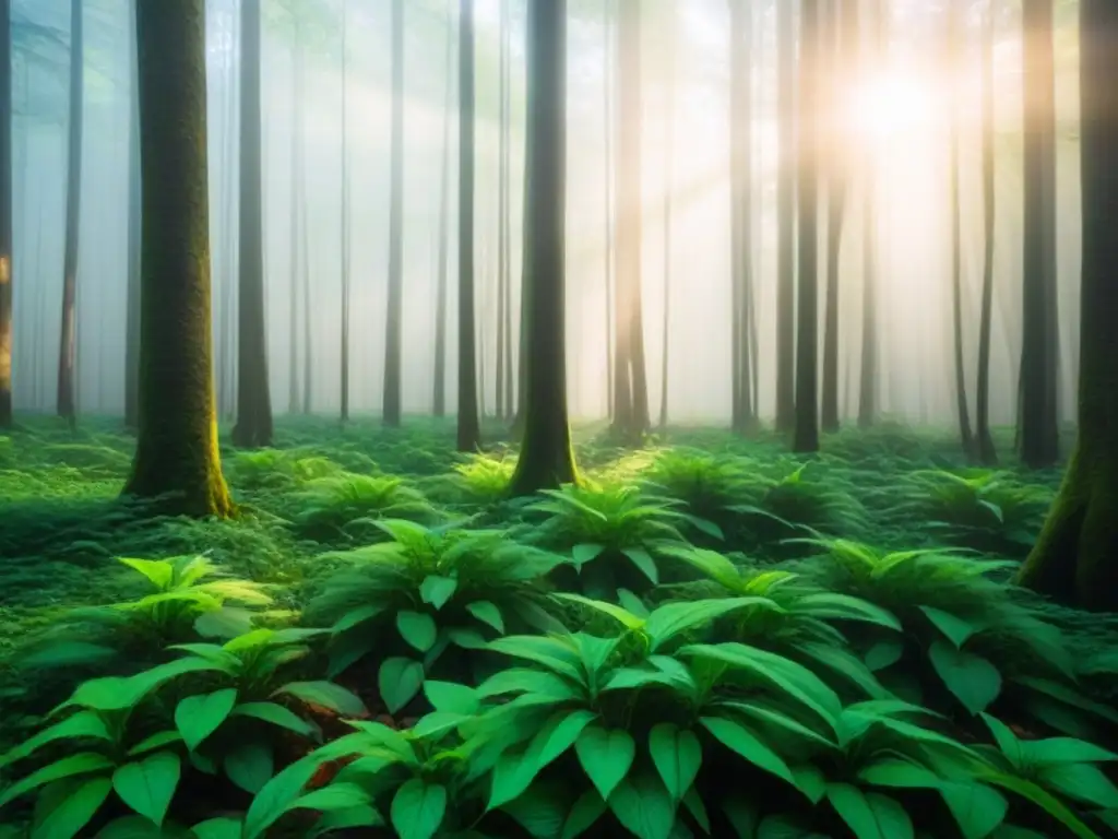 Un bosque exuberante con rayos de sol entre las hojas, destacando la red de ramas y sombras