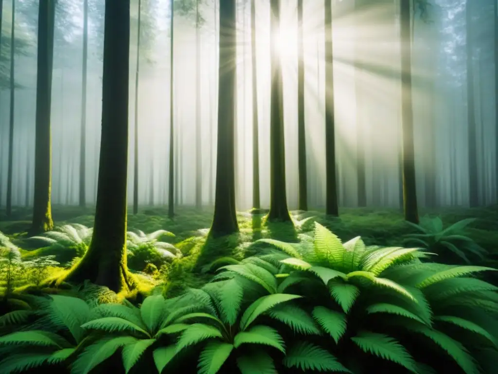 Un bosque exuberante con rayos de sol filtrándose, evocando la energía verde