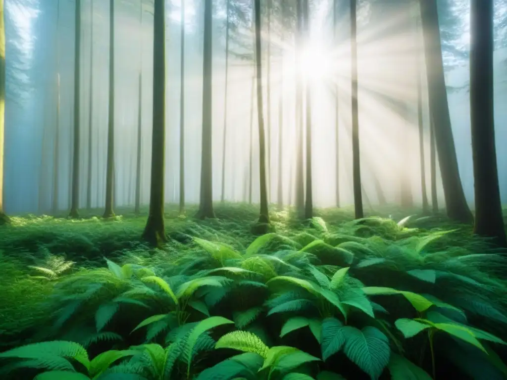 Un bosque exuberante con rayos de sol filtrándose entre las hojas, creando una atmósfera tranquila y ecológica