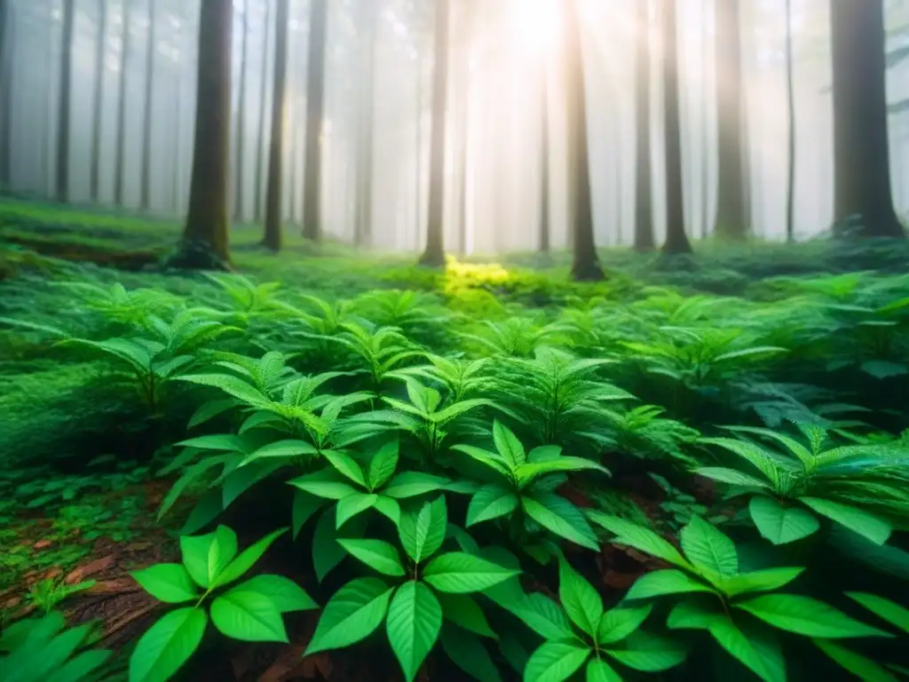 Bosque exuberante con rayos de sol entre hojas, resaltando la importancia de la naturaleza