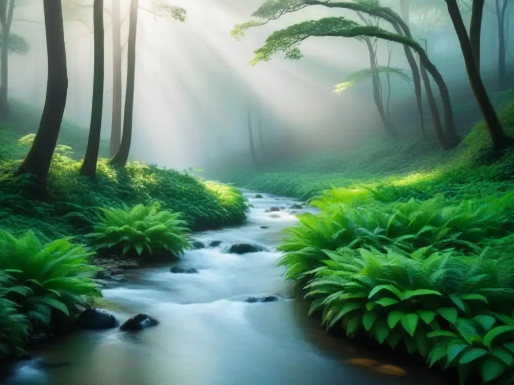 Un bosque exuberante con rayos de sol filtrándose entre las copas, reflejando sombras suaves en el suelo