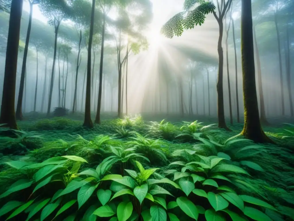 Un bosque exuberante con rayos de sol filtrándose entre las hojas, mostrando la biodiversidad