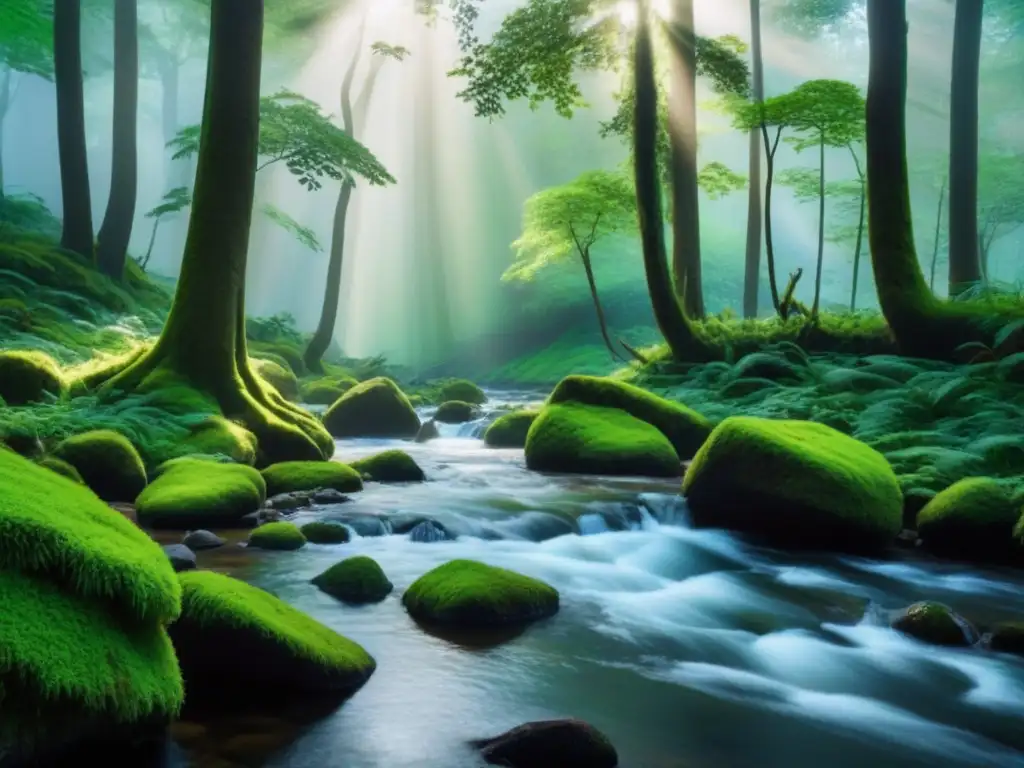 Bosque verde exuberante: armonía y serenidad Un bosque exuberante con rayos de sol filtrándose entre las ramas, creando un efecto moteado en el suelo