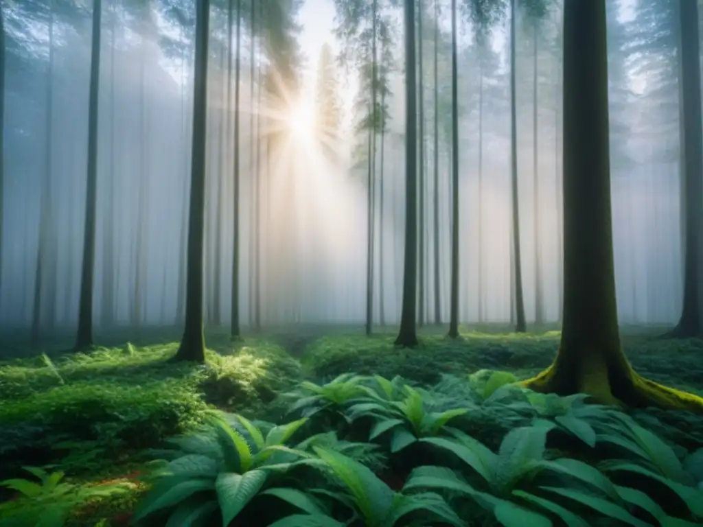 Un bosque exuberante con rayos de sol filtrándose entre las hojas, conectando veganismo joven con sostenibilidad ambiental