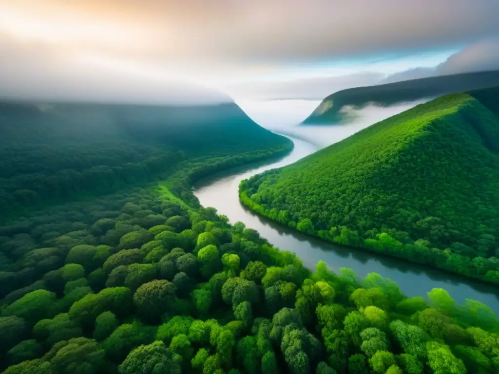 Un bosque exuberante con un río serpenteante, resaltando la armonía de la naturaleza y la prevención de la contaminación a través del análisis de big data para la sostenibilidad