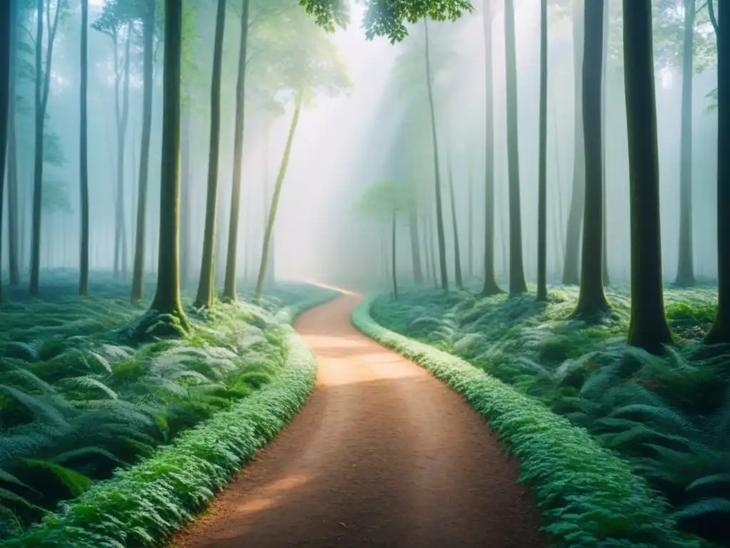 Un bosque exuberante con un sendero rodeado de árboles altos y vegetación verde