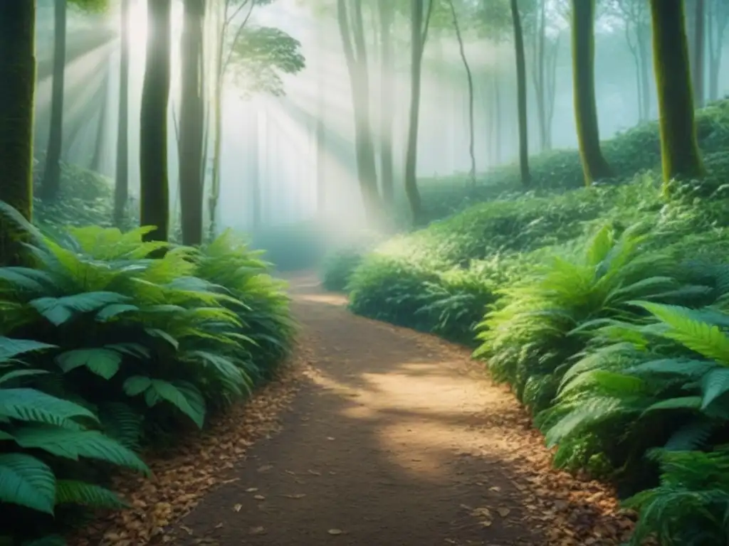 Un bosque exuberante con un sendero serpenteante, luz filtrándose entre las hojas