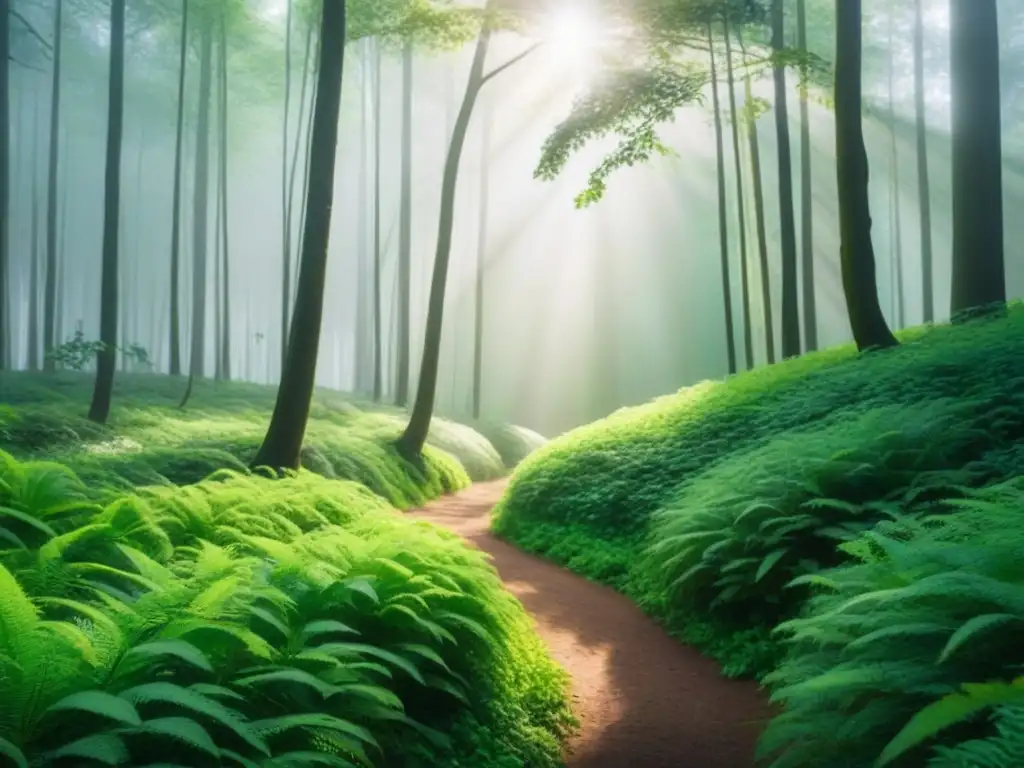 Un bosque exuberante con un sendero serpenteante bañado por la luz del sol