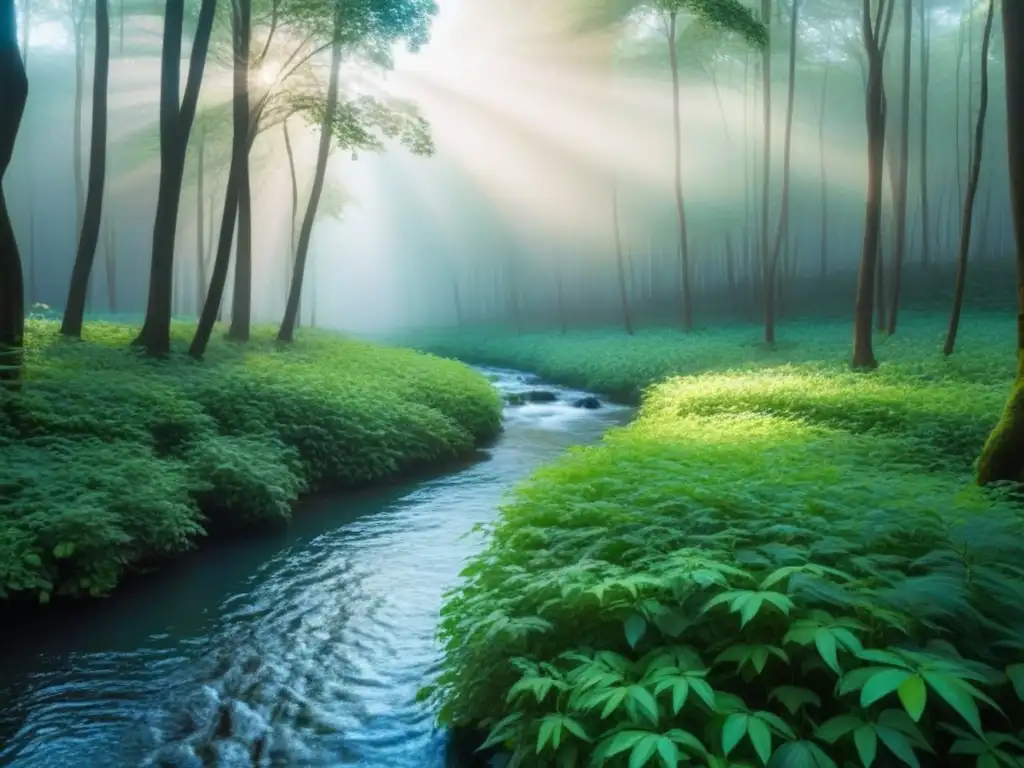 Un bosque exuberante y sereno con árboles altos hacia el cielo azul