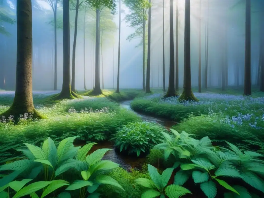 Un bosque exuberante y sereno con árboles verdes vibrantes, flores silvestres y un arroyo bajo un cielo azul