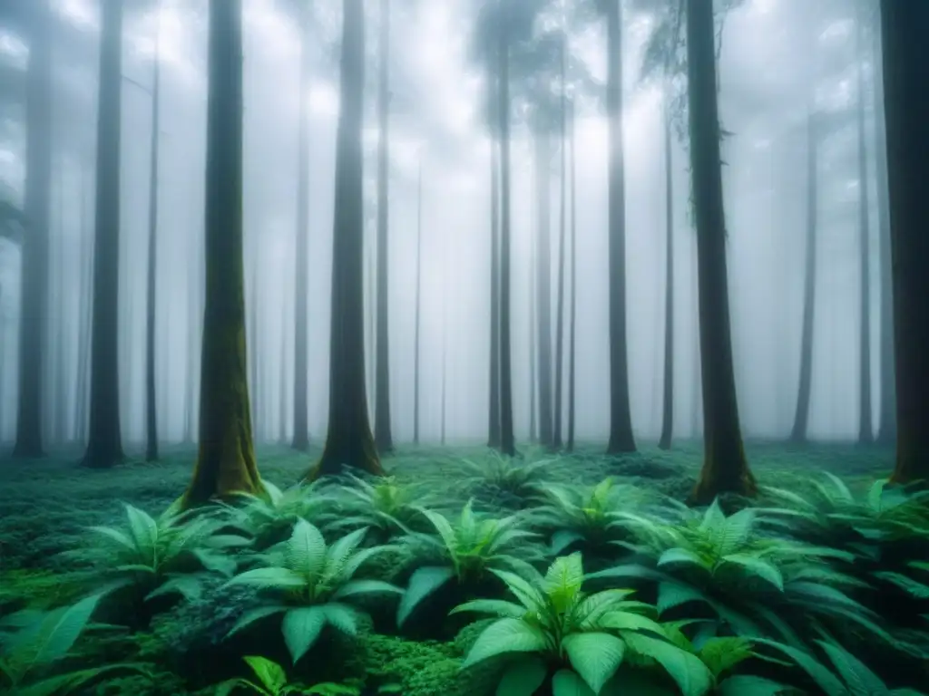 Un bosque exuberante y sereno con árboles majestuosos, transmitiendo paz y concienciación sobre deforestación y sostenibilidad