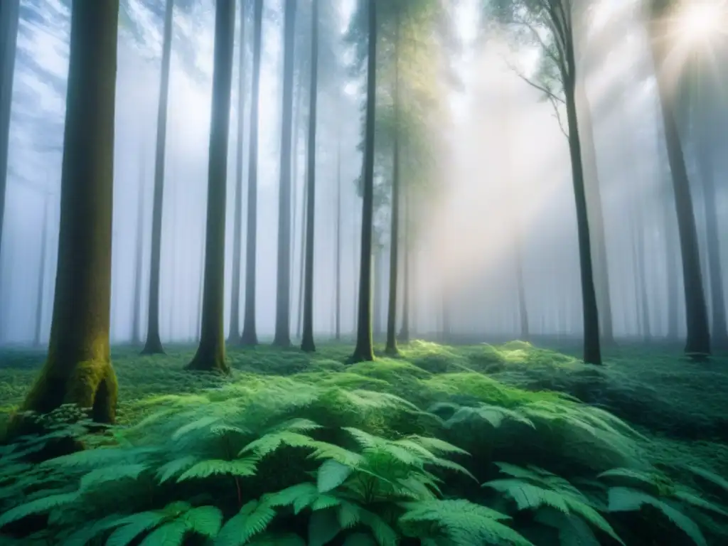 Un bosque exuberante y sereno con árboles altos que se elevan hacia el cielo