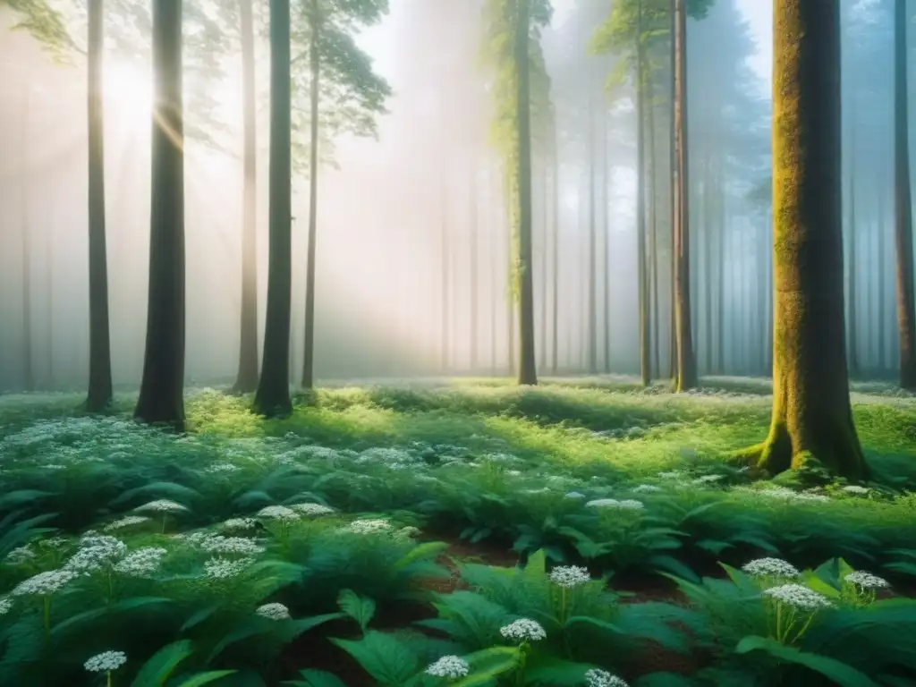 Un bosque exuberante y sereno, con árboles majestuosos y flores silvestres, reflejando la importancia del contenido ecológico en plataformas streaming