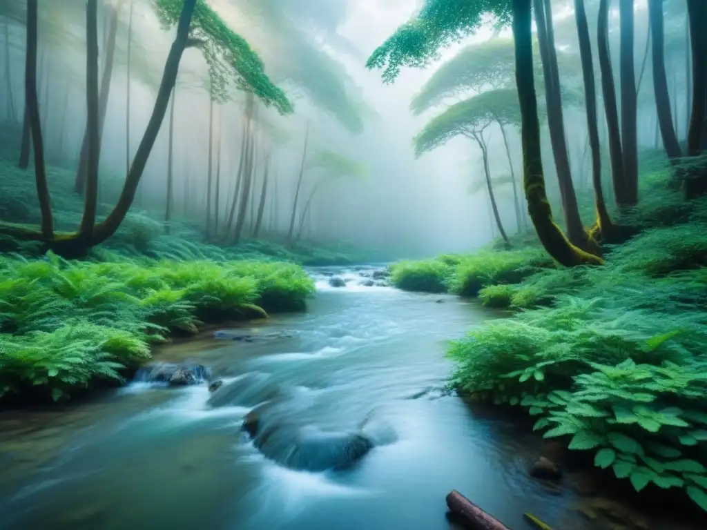 Un bosque exuberante y sereno con un arroyo cristalino, capturando la armonía con la naturaleza