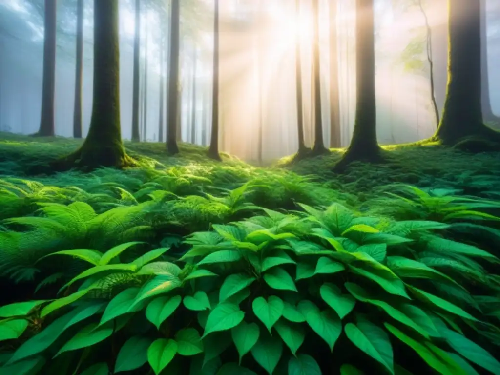 Un bosque exuberante y sereno bañado por la luz del sol, con hojas y ramas en detalle, transmite armonía con la naturaleza