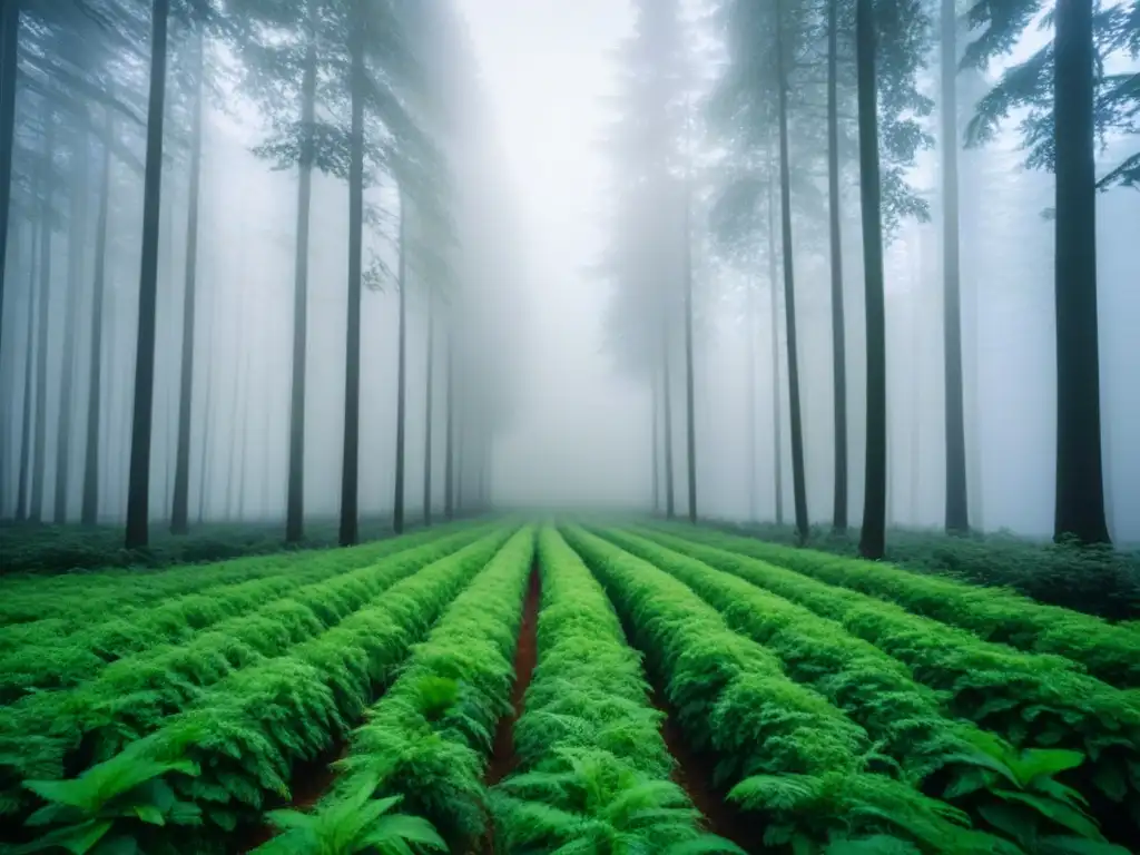 Un bosque exuberante y sereno, resaltando la belleza de las plantas y los Beneficios dieta basada plantas sostenible