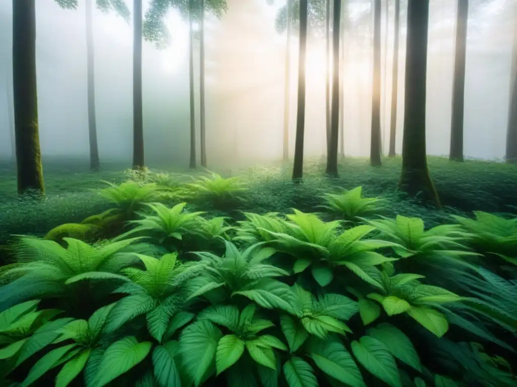 Un bosque exuberante y sereno con diversa flora y fauna, transmitiendo la belleza y tranquilidad de la naturaleza