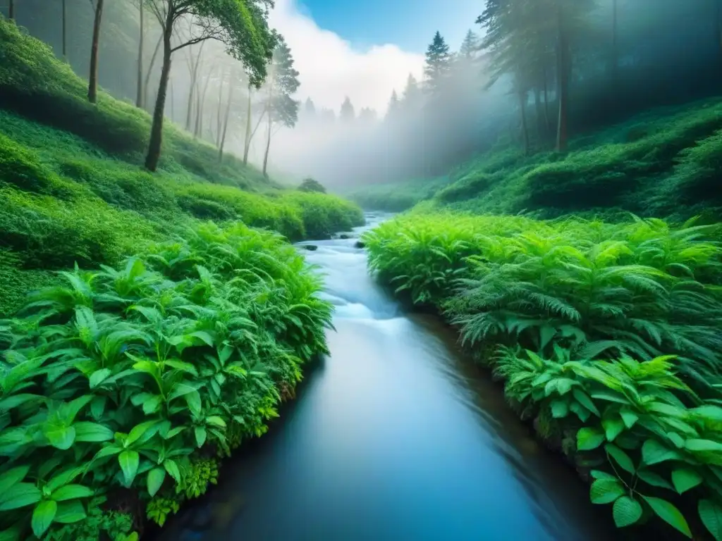 Un bosque exuberante y sereno con diversa vida vegetal, bajo un cielo azul claro y un arroyo