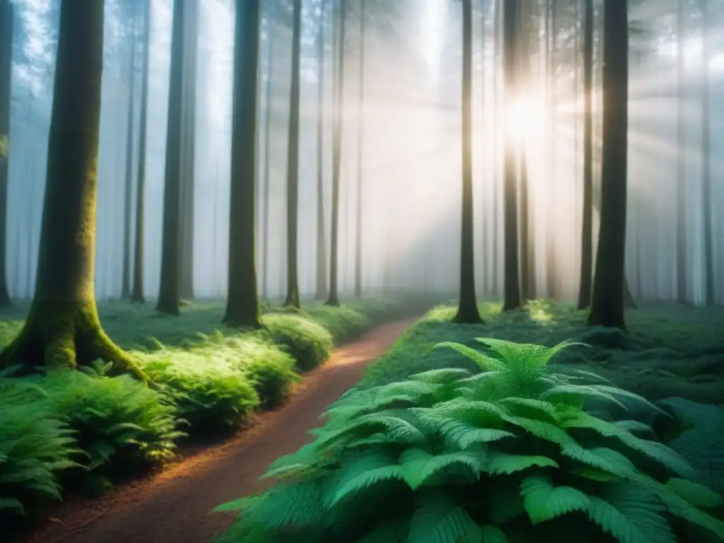 Un bosque exuberante y sereno, iluminado por el sol, que muestra la belleza de la naturaleza