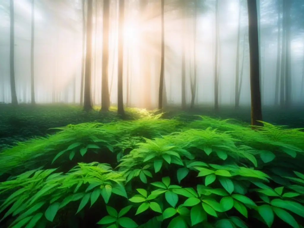 Un bosque exuberante y sereno iluminado por rayos de sol, reflejando la belleza y tranquilidad de la naturaleza