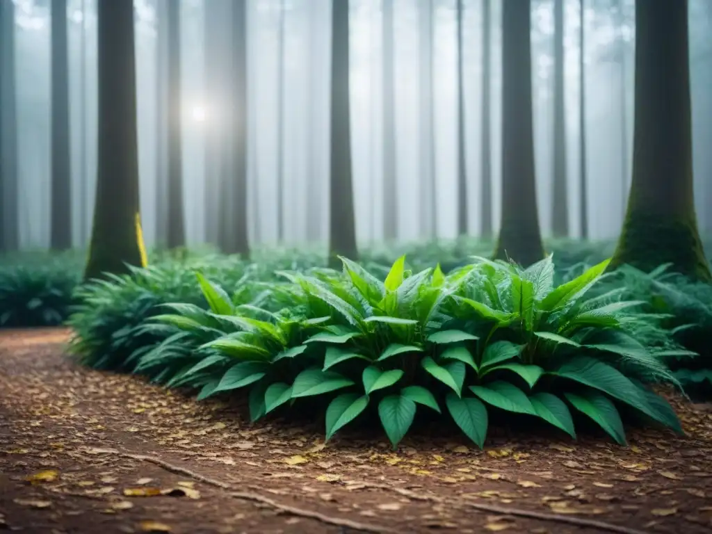 Un bosque exuberante y sereno con luz solar filtrándose entre las hojas, destacando la belleza de la naturaleza