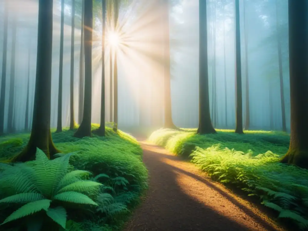 Un bosque exuberante y sereno con luz solar entre los árboles, creando un ambiente cálido y acogedor