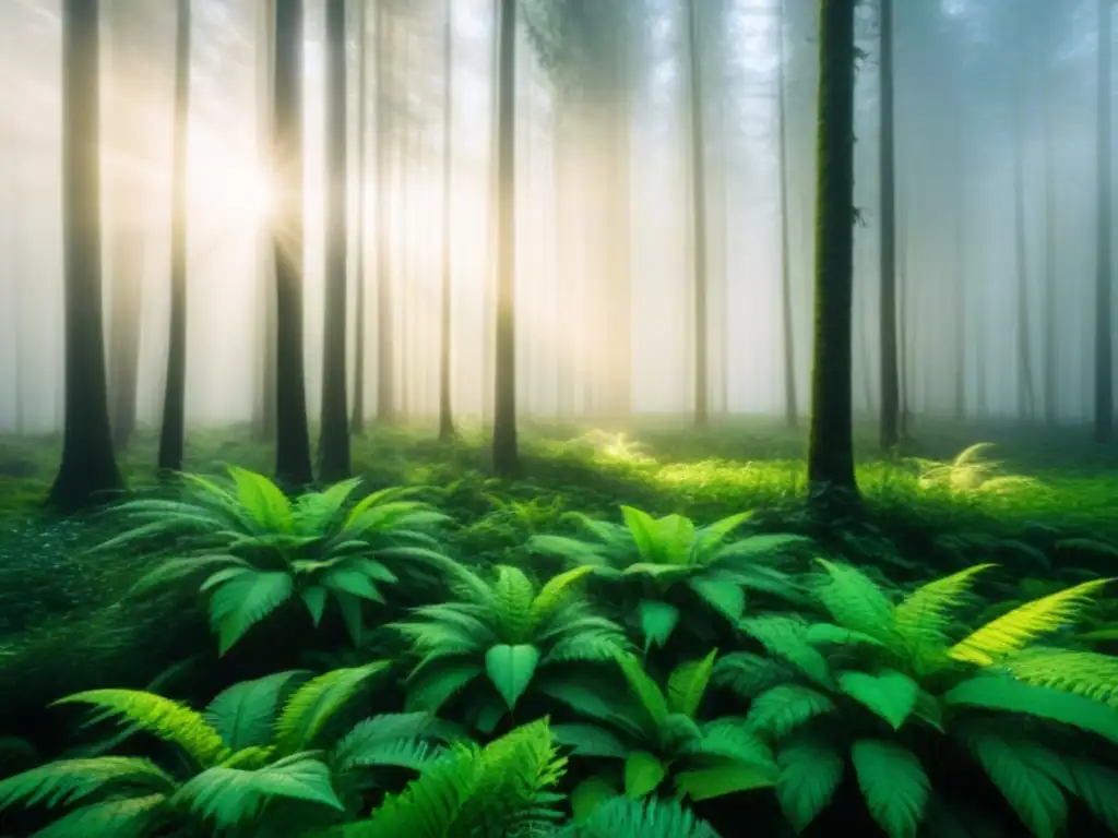 Un bosque exuberante y sereno con luz solar filtrándose entre las hojas, reflejando la belleza de la naturaleza en una rutina de belleza sostenible