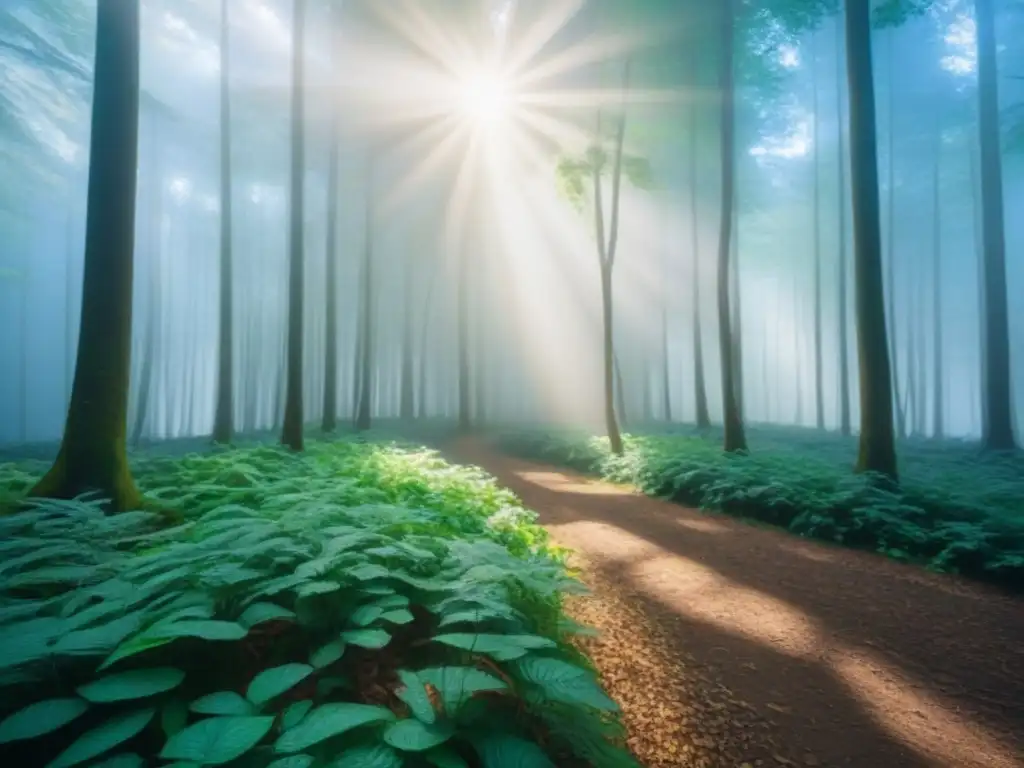 Un bosque exuberante y sereno con luz solar filtrándose entre las hojas, creando sombras suaves en el suelo del bosque