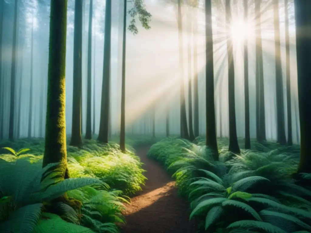 Un bosque exuberante y sereno con luz solar filtrándose entre el dosel, resaltando la belleza natural y sostenible de los ecosistemas