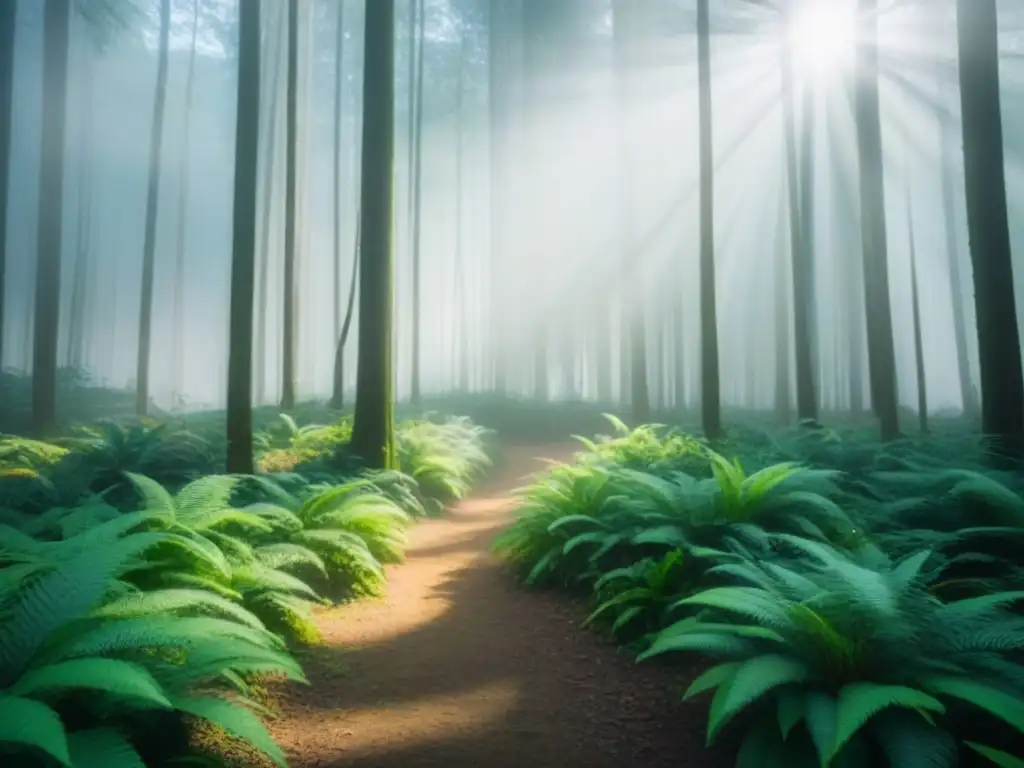 Un bosque exuberante y sereno con luz solar filtrándose entre el dosel, creando suaves sombras en el suelo