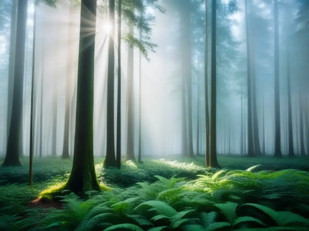 Un bosque exuberante y sereno con luz solar filtrándose entre las copas de los árboles, proyectando sombras moteadas en el suelo del bosque