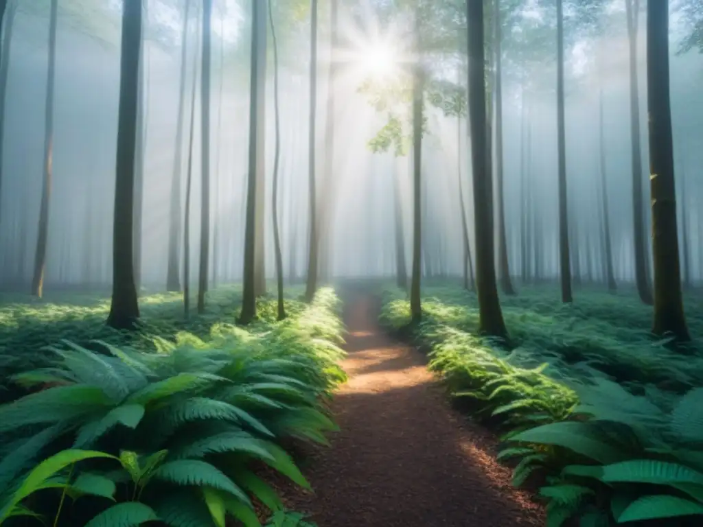 Bosque verde sereno: armonía natural y tranquilidad Un bosque exuberante y sereno con luz solar filtrándose entre las hojas, creando sombras moteadas en el suelo