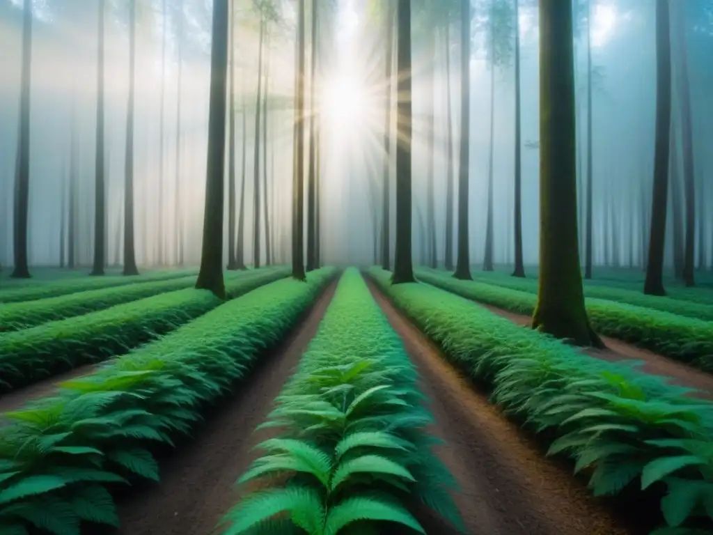 Un bosque exuberante y sereno con luz solar filtrándose entre las hojas, creando sombras moteadas en el suelo del bosque