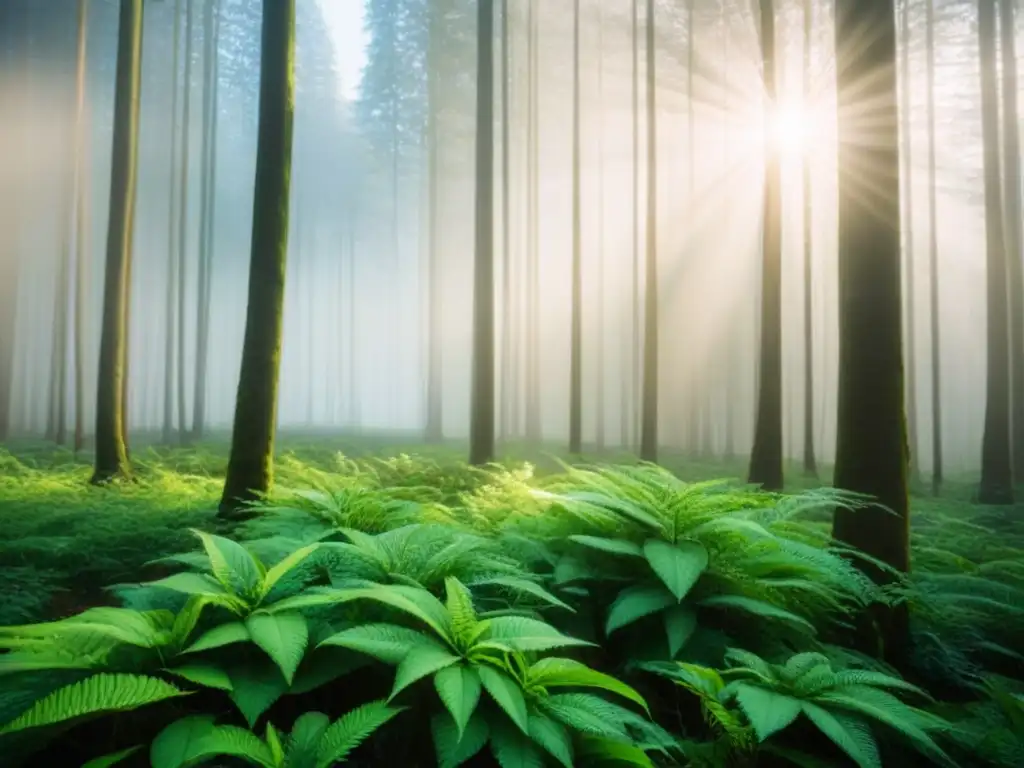 Un bosque exuberante y sereno con luz solar filtrándose entre las hojas, transmitiendo tranquilidad y sostenibilidad en la naturaleza