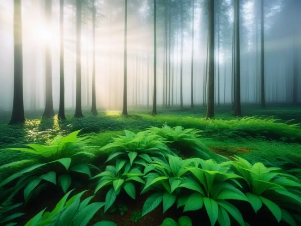 Un bosque exuberante y sereno con luz solar entre las hojas, reflejando la armonía de la naturaleza