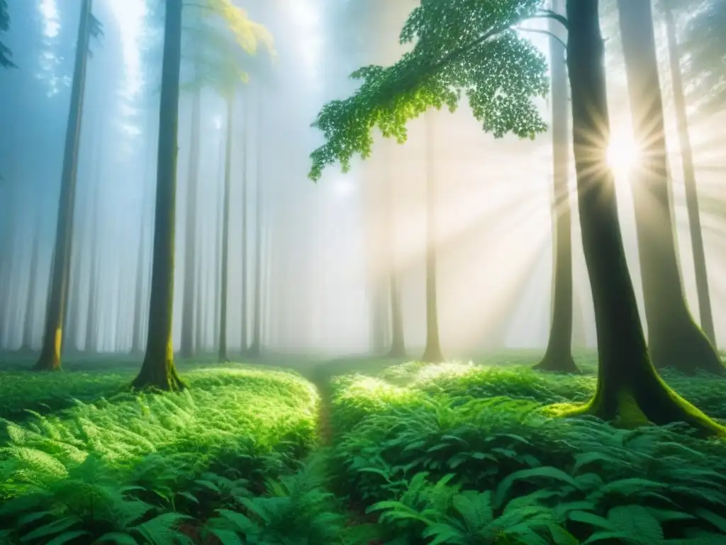 Un bosque exuberante y sereno con luz solar filtrándose entre las hojas, creando sombras moteadas en el suelo