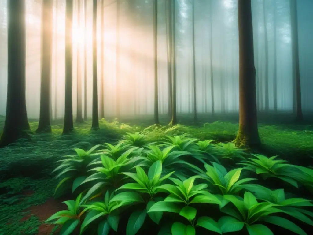 Un bosque exuberante y sereno con luz solar filtrándose a través de las hojas, representando la inversión sostenible para principiantes