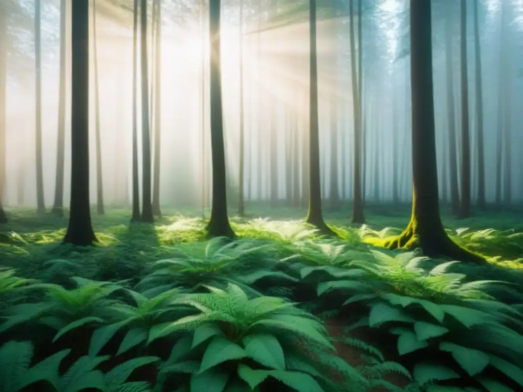 Un bosque exuberante y sereno con luz solar filtrándose entre las hojas, proyectando sombras en el suelo