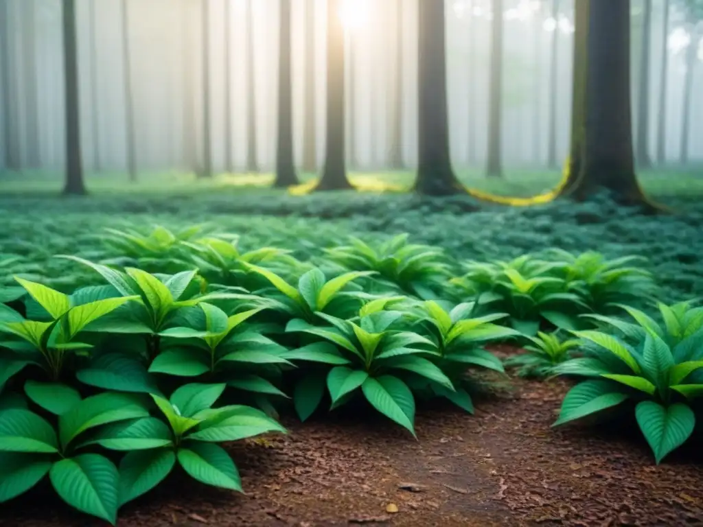 Un bosque exuberante y sereno con luz filtrándose entre las hojas, creando patrones en el suelo