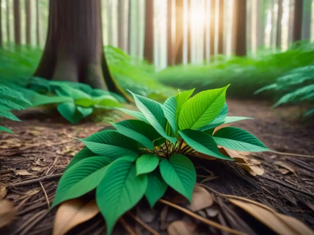 Un bosque exuberante y sereno, con luz solar filtrándose entre las hojas