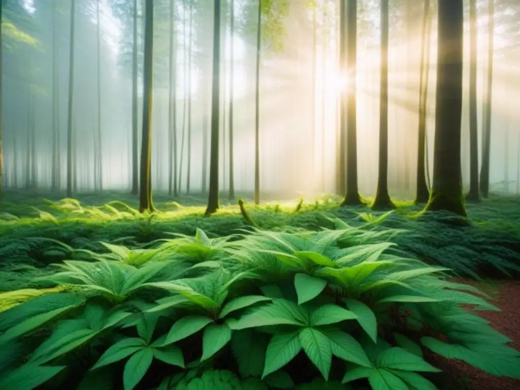 Un bosque exuberante y sereno con luz solar filtrándose entre las hojas, reflejando la belleza y tranquilidad de la naturaleza para la educación ambiental sociedad resiliente